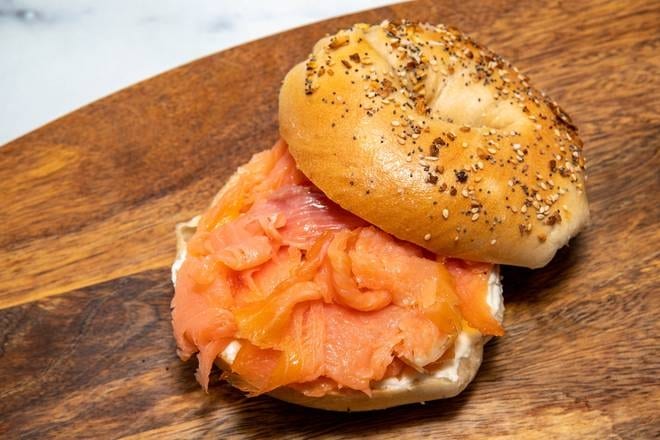 Sliced Lox and Plain Cream Cheese on a Bagel.
