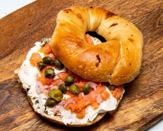 Lox Red Onion and Caper on a Bagel.