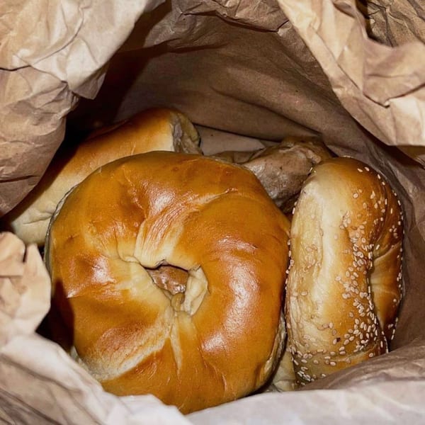 Freshly baked bagels, including a sesame seed bagel, nestled in a brown paper bag.