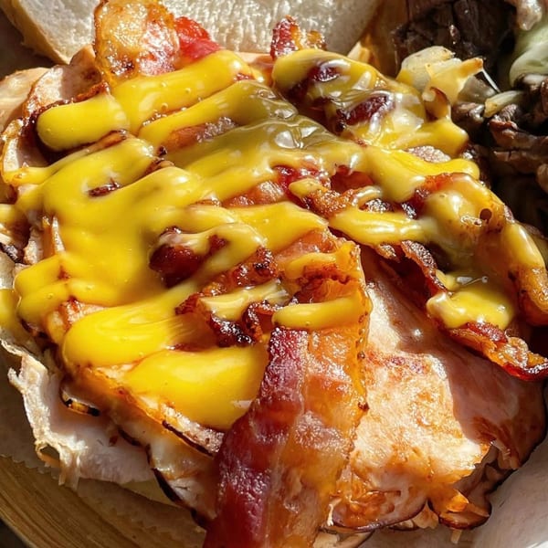 Close-up of a bagel sandwich with melted cheese, crispy bacon, and sliced turkey.