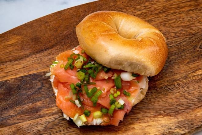 Sliced Lox with Flavored Cream Cheese on a Bagel.
